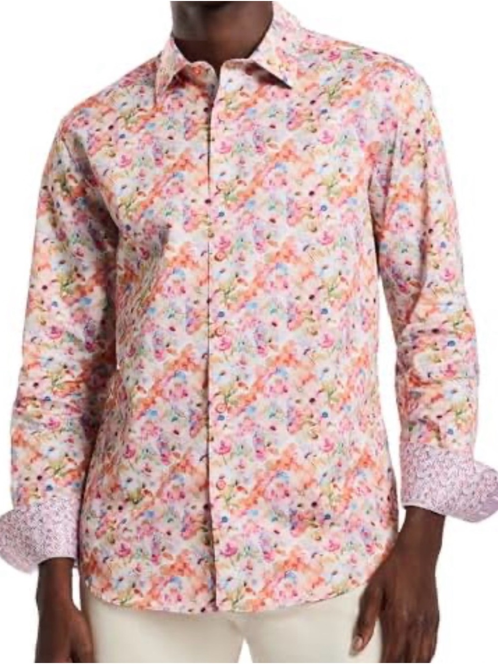 Robert Graham Peach Abstract Multi Floral Button-Down Shirt Size XL